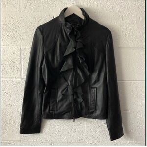 Bagatelle Black Genuine Leather Ruffle Front Zip Jacket Stand Collar Small